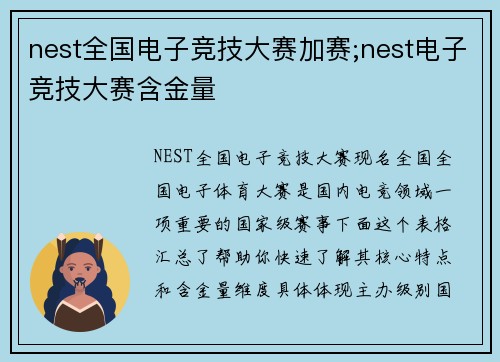 nest全国电子竞技大赛加赛;nest电子竞技大赛含金量